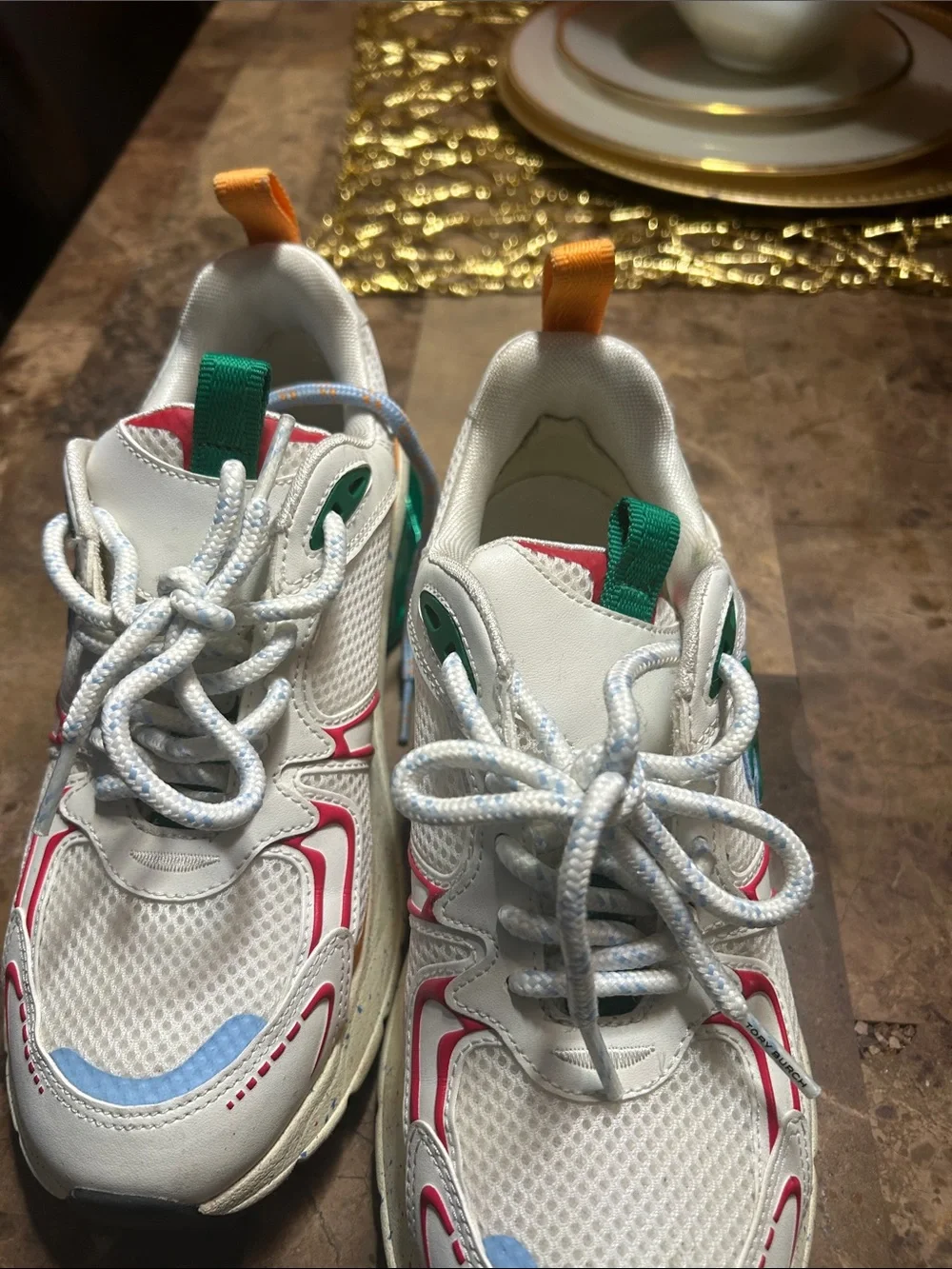 Tory Burch Kids White Sneakers with Green, Orange, Pink & Blue Accents